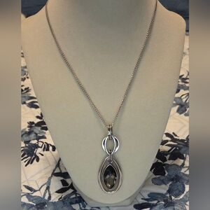 35” Long Silver Tone Necklace w/ Faceted Teardrop Pendant | Modern Minimalist
